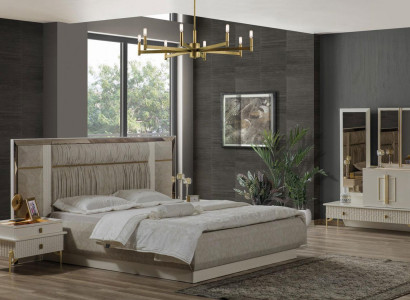 Bedroom double bed set wood beige fabric nightstands set of 3 pieces